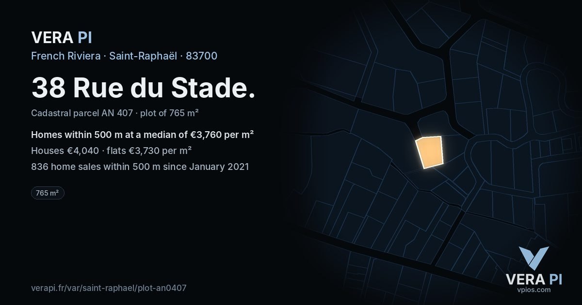 38 Rue du Stade, Saint-Raphaël at night – the plot lit, the parcels around coloured by the prices near them