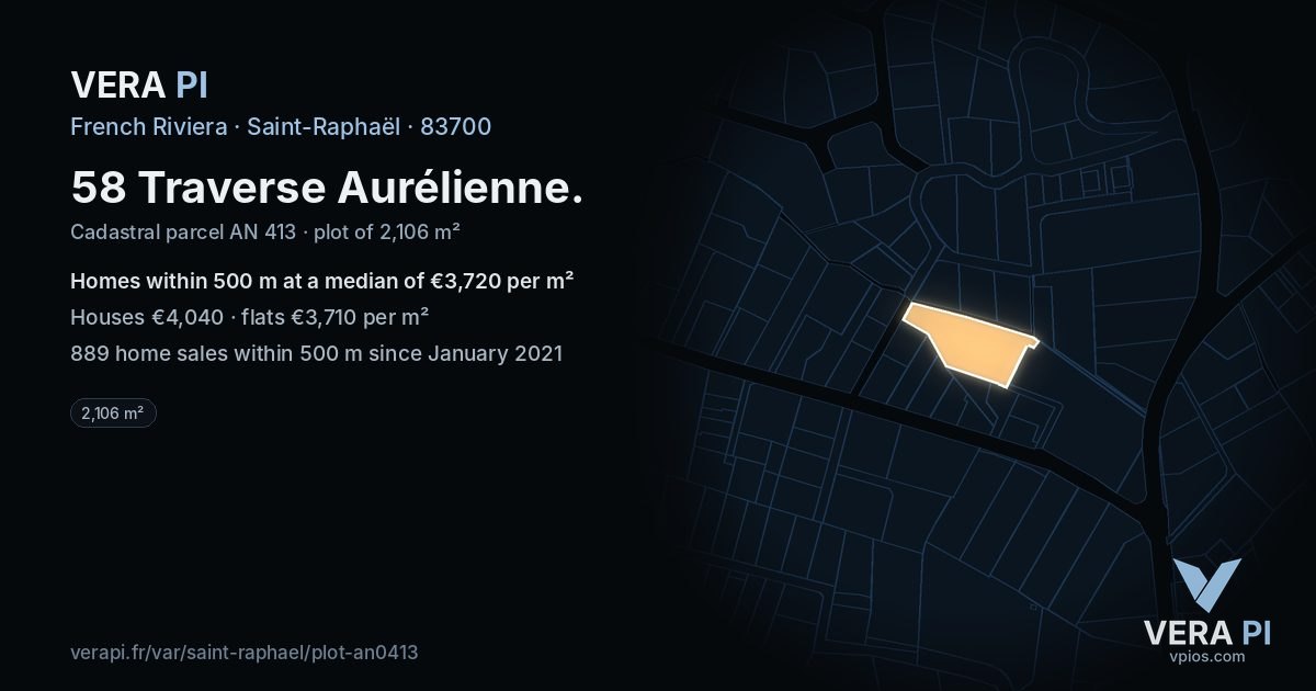58 Traverse Aurélienne, Saint-Raphaël at night – the plot lit, the parcels around coloured by the prices near them