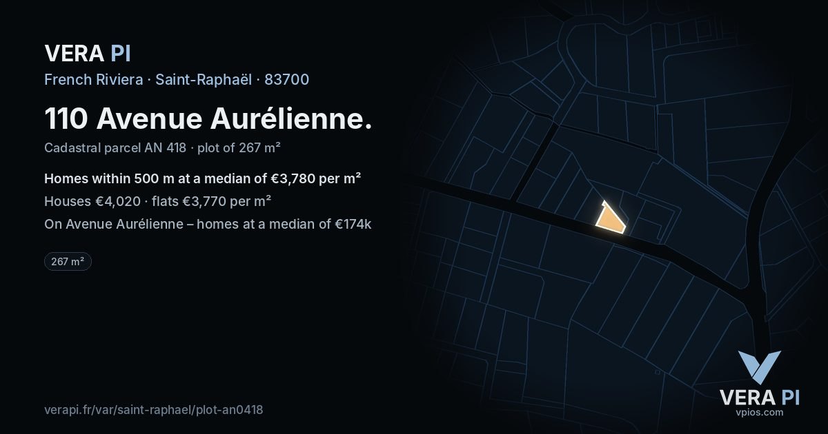 110 Avenue Aurélienne, Saint-Raphaël at night – the plot lit, the parcels around coloured by the prices near them