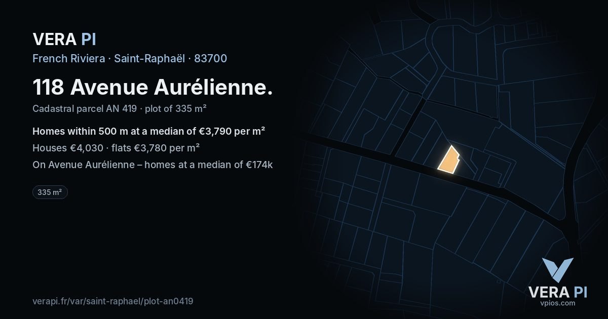 118 Avenue Aurélienne, Saint-Raphaël at night – the plot lit, the parcels around coloured by the prices near them