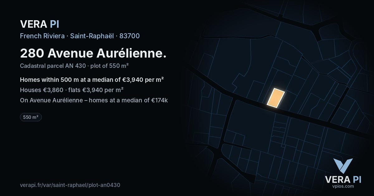 280 Avenue Aurélienne, Saint-Raphaël at night – the plot lit, the parcels around coloured by the prices near them