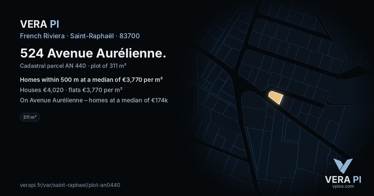 524 Avenue Aurélienne, Saint-Raphaël at night – the plot lit, the parcels around coloured by the prices near them