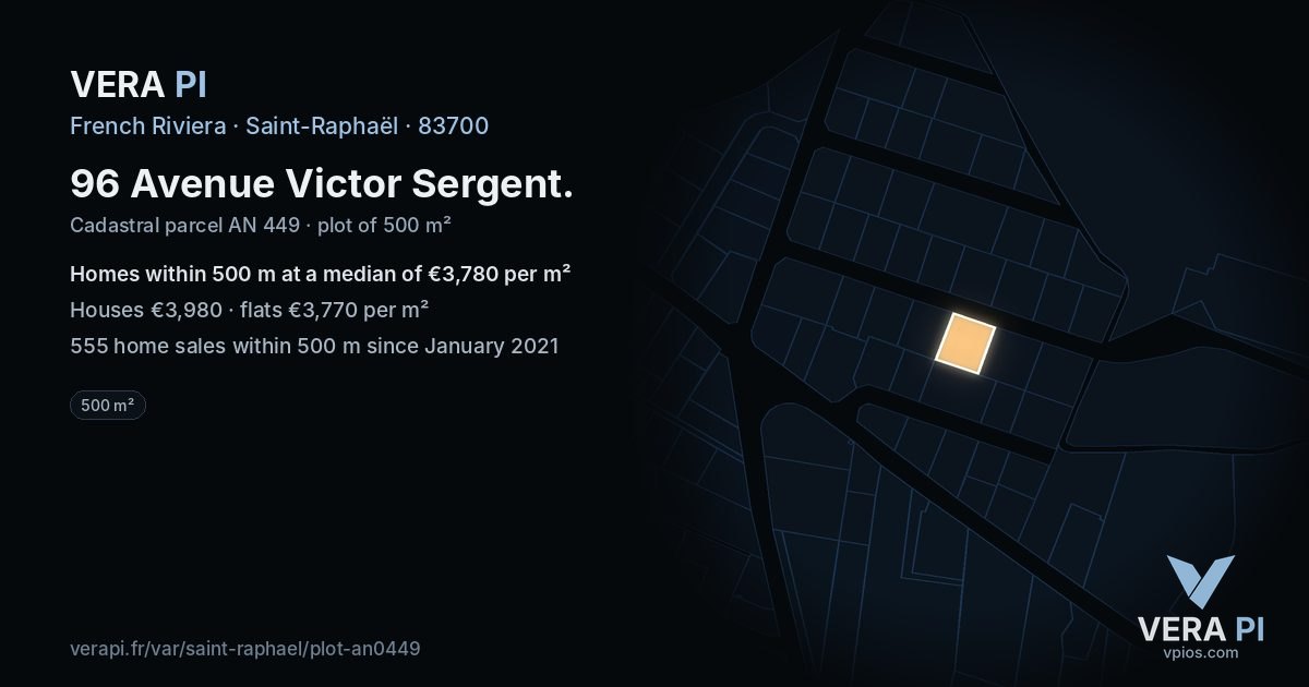 96 Avenue Victor Sergent, Saint-Raphaël at night – the plot lit, the parcels around coloured by the prices near them
