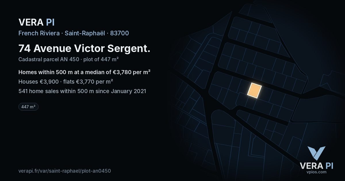 74 Avenue Victor Sergent, Saint-Raphaël at night – the plot lit, the parcels around coloured by the prices near them