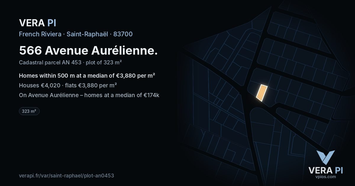 566 Avenue Aurélienne, Saint-Raphaël at night – the plot lit, the parcels around coloured by the prices near them