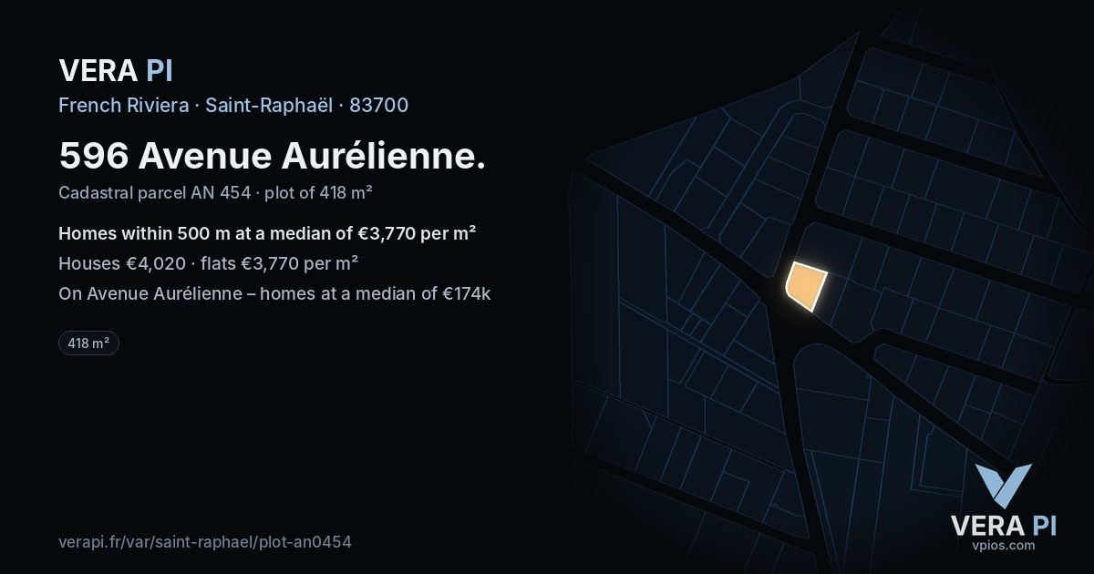 596 Avenue Aurélienne, Saint-Raphaël at night – the plot lit, the parcels around coloured by the prices near them
