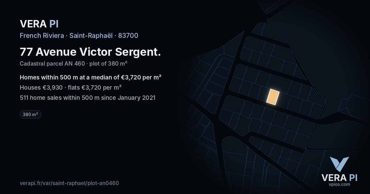 77 Avenue Victor Sergent, Saint-Raphaël at night – the plot lit, the parcels around coloured by the prices near them