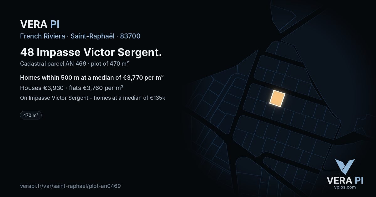 48 Impasse Victor Sergent, Saint-Raphaël at night – the plot lit, the parcels around coloured by the prices near them
