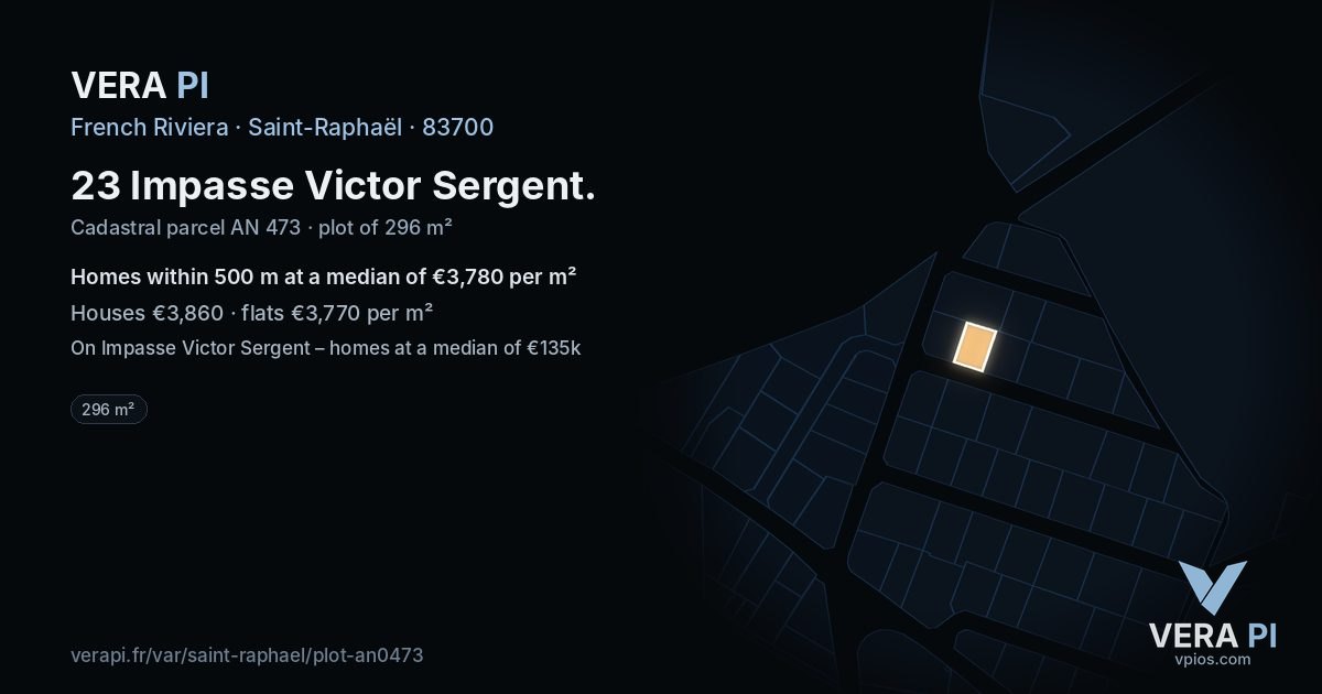 23 Impasse Victor Sergent, Saint-Raphaël at night – the plot lit, the parcels around coloured by the prices near them