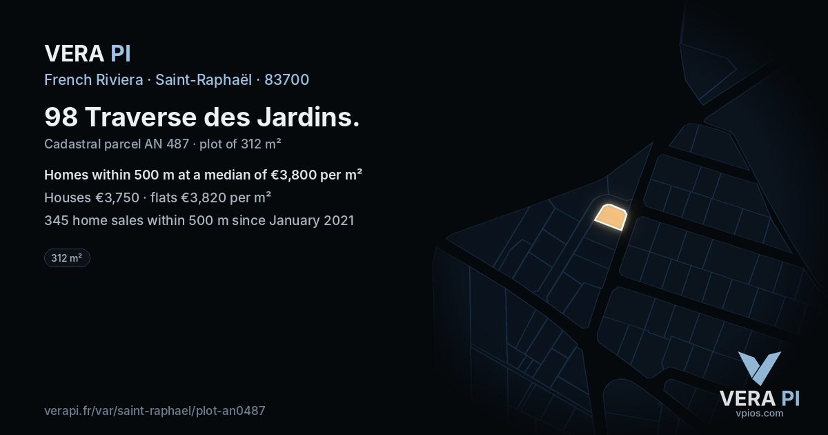 98 Traverse des Jardins, Saint-Raphaël at night – the plot lit, the parcels around coloured by the prices near them