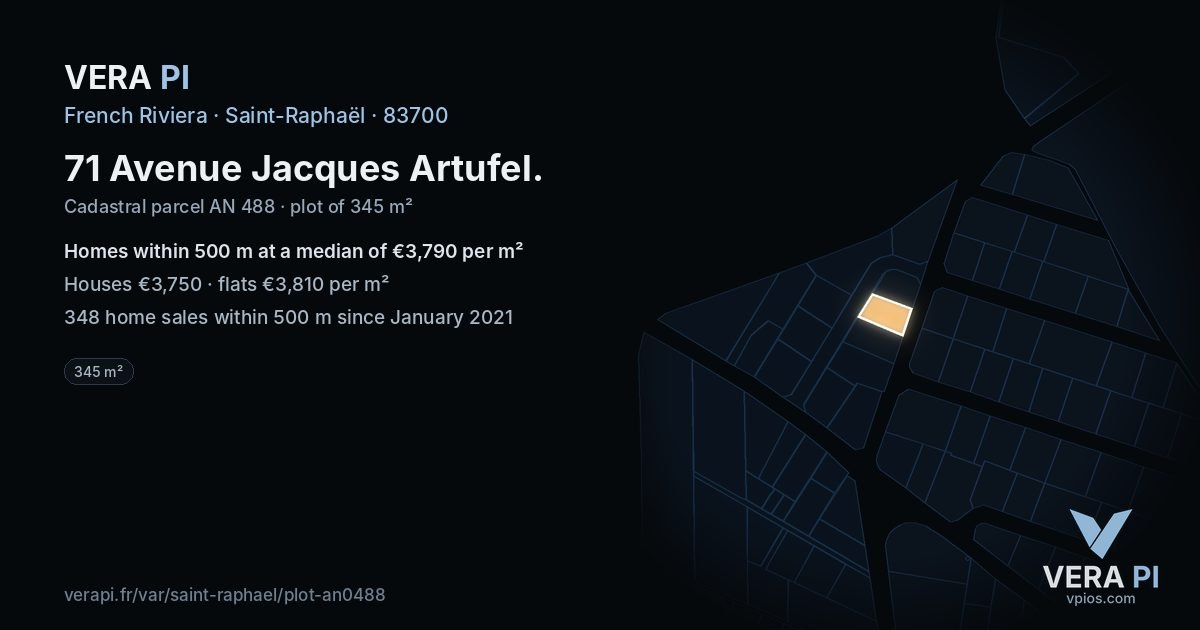 71 Avenue Jacques Artufel, Saint-Raphaël at night – the plot lit, the parcels around coloured by the prices near them