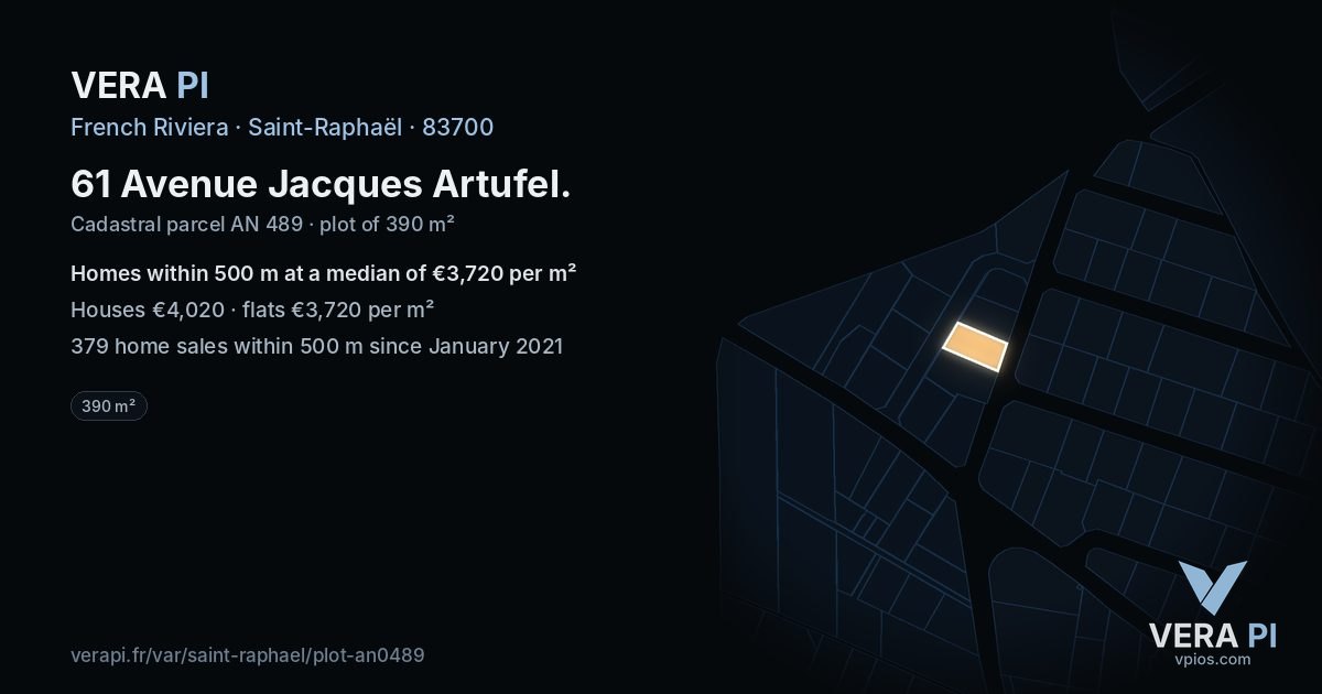 61 Avenue Jacques Artufel, Saint-Raphaël at night – the plot lit, the parcels around coloured by the prices near them