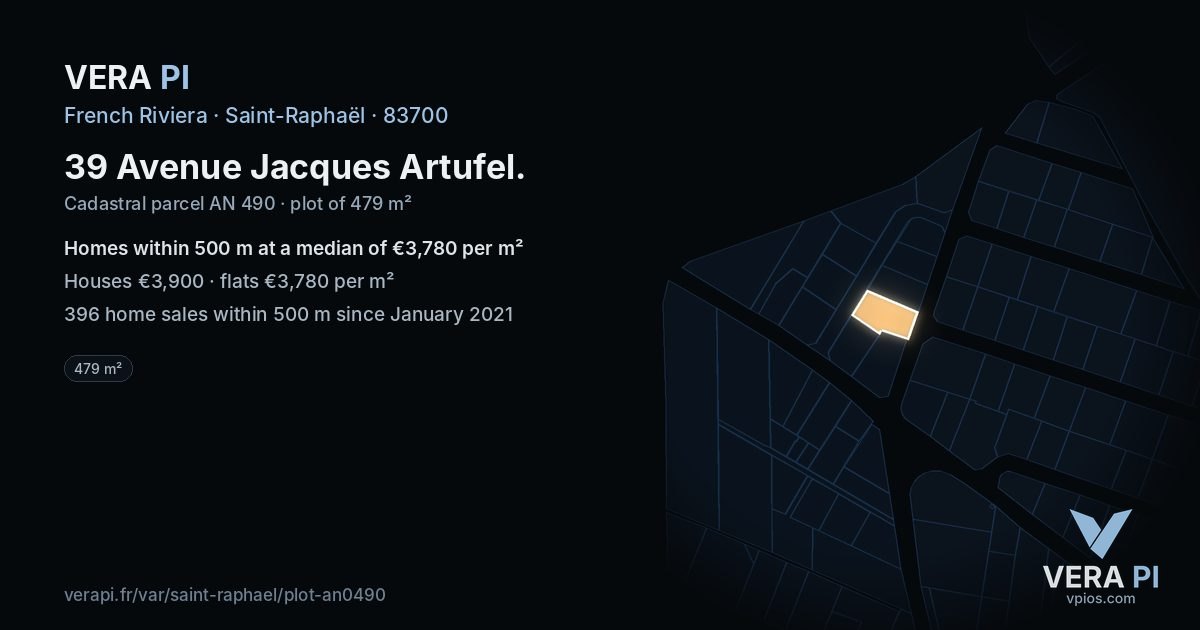 39 Avenue Jacques Artufel, Saint-Raphaël at night – the plot lit, the parcels around coloured by the prices near them