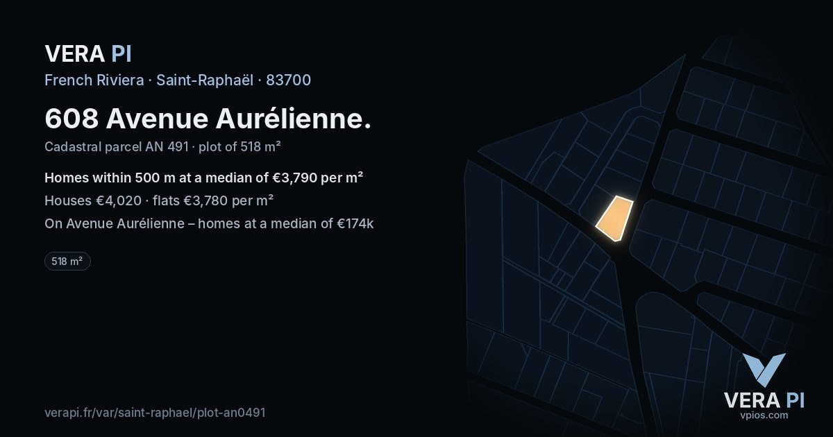 608 Avenue Aurélienne, Saint-Raphaël at night – the plot lit, the parcels around coloured by the prices near them