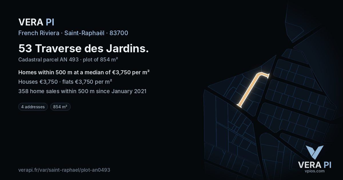 53 Traverse des Jardins, Saint-Raphaël at night – the plot lit, the parcels around coloured by the prices near them