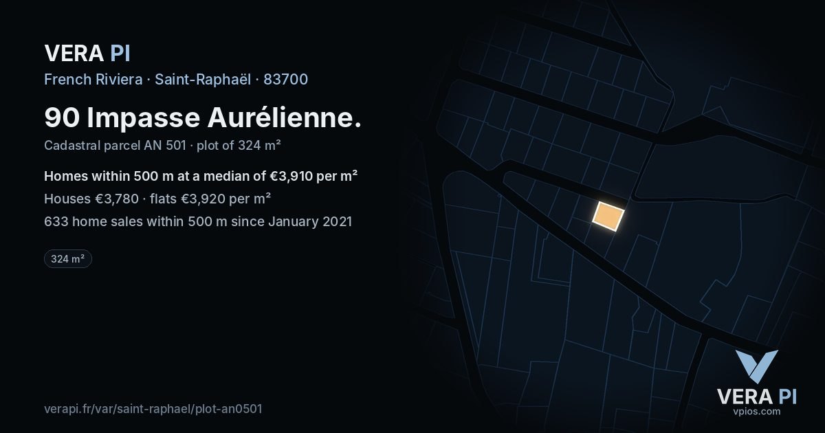 90 Impasse Aurélienne, Saint-Raphaël at night – the plot lit, the parcels around coloured by the prices near them