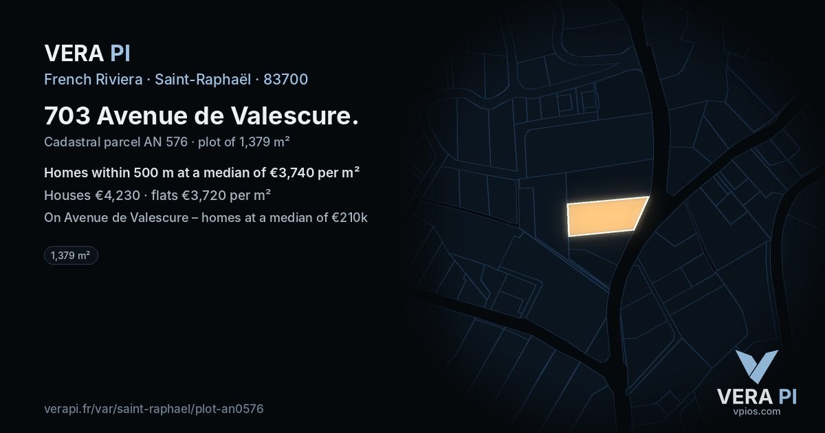 703 Avenue de Valescure, Saint-Raphaël at night – the plot lit, the parcels around coloured by the prices near them
