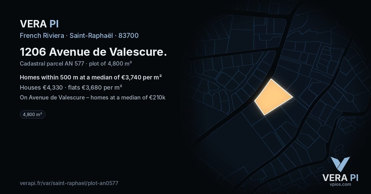 1206 Avenue de Valescure, Saint-Raphaël at night – the plot lit, the parcels around coloured by the prices near them