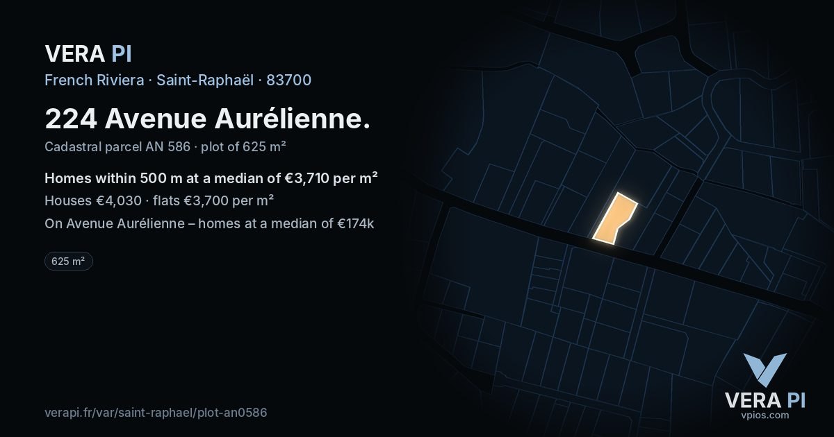 224 Avenue Aurélienne, Saint-Raphaël at night – the plot lit, the parcels around coloured by the prices near them