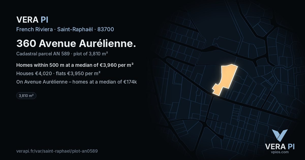 360 Avenue Aurélienne, Saint-Raphaël at night – the plot lit, the parcels around coloured by the prices near them