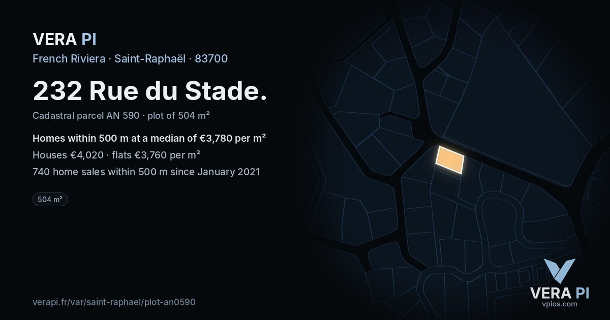 232 Rue du Stade, Saint-Raphaël at night – the plot lit, the parcels around coloured by the prices near them