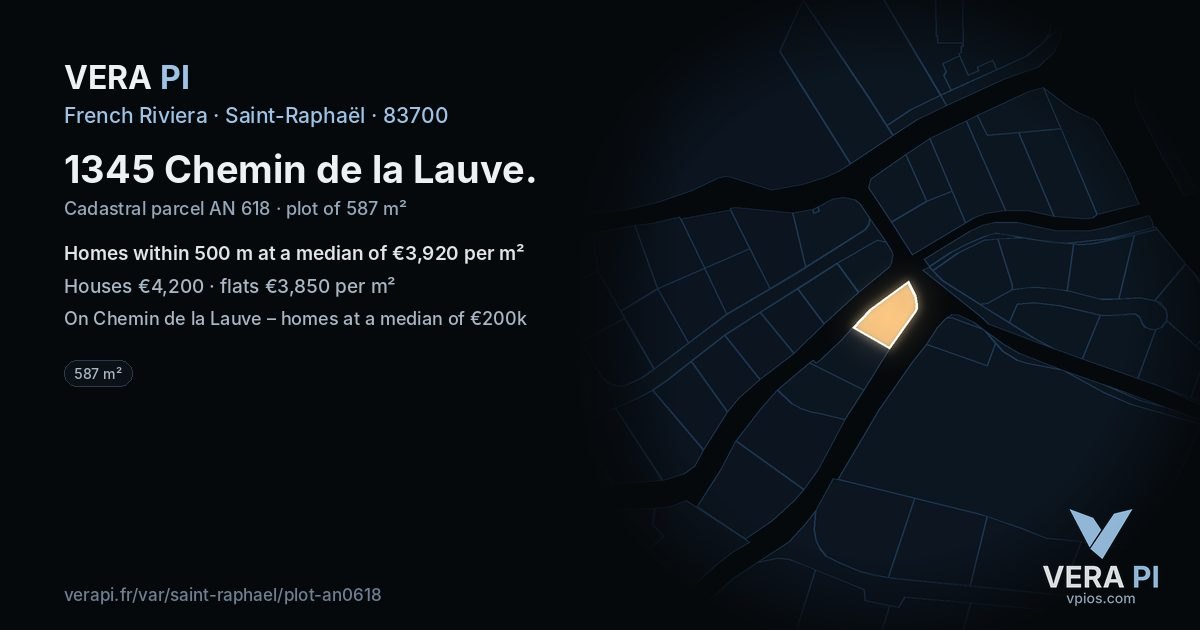 1345 Chemin de la Lauve, Saint-Raphaël at night – the plot lit, the parcels around coloured by the prices near them