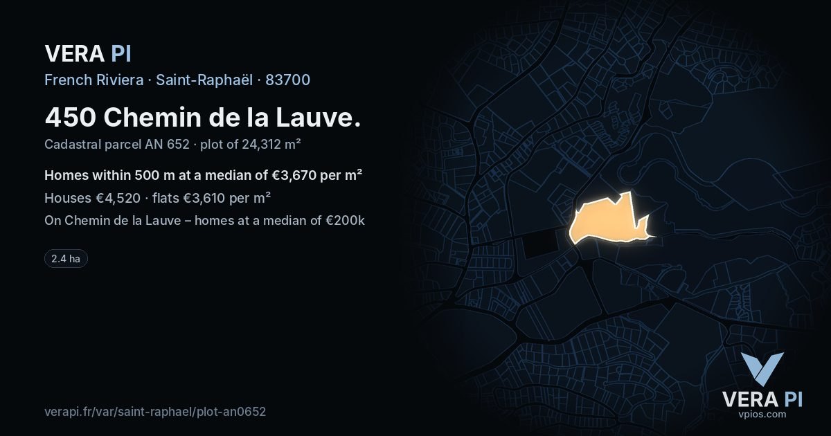450 Chemin de la Lauve, Saint-Raphaël at night – the plot lit, the parcels around coloured by the prices near them