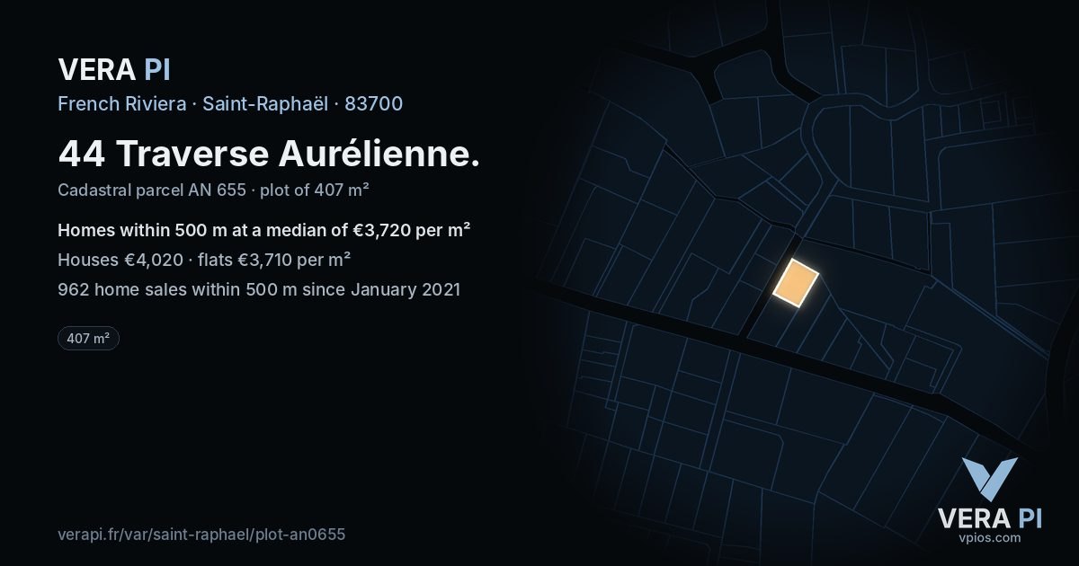 44 Traverse Aurélienne, Saint-Raphaël at night – the plot lit, the parcels around coloured by the prices near them