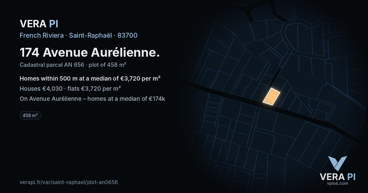 174 Avenue Aurélienne, Saint-Raphaël at night – the plot lit, the parcels around coloured by the prices near them