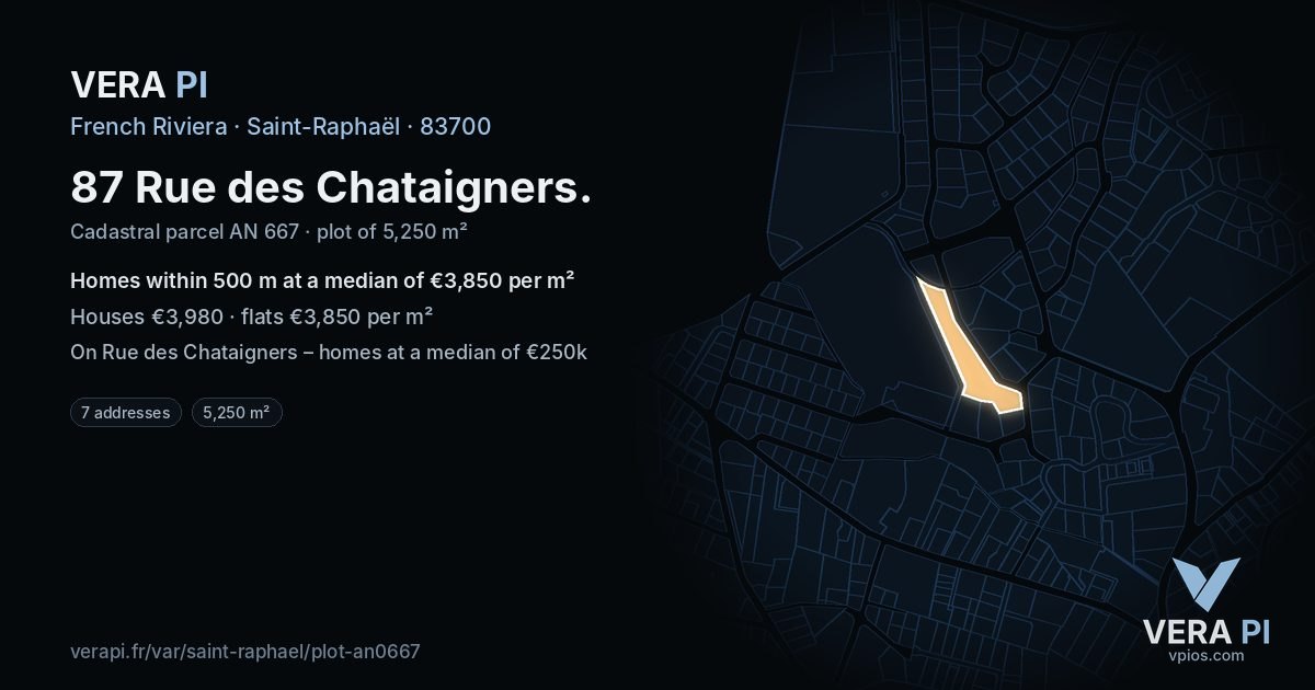 87 Rue des Chataigners, Saint-Raphaël at night – the plot lit, the parcels around coloured by the prices near them