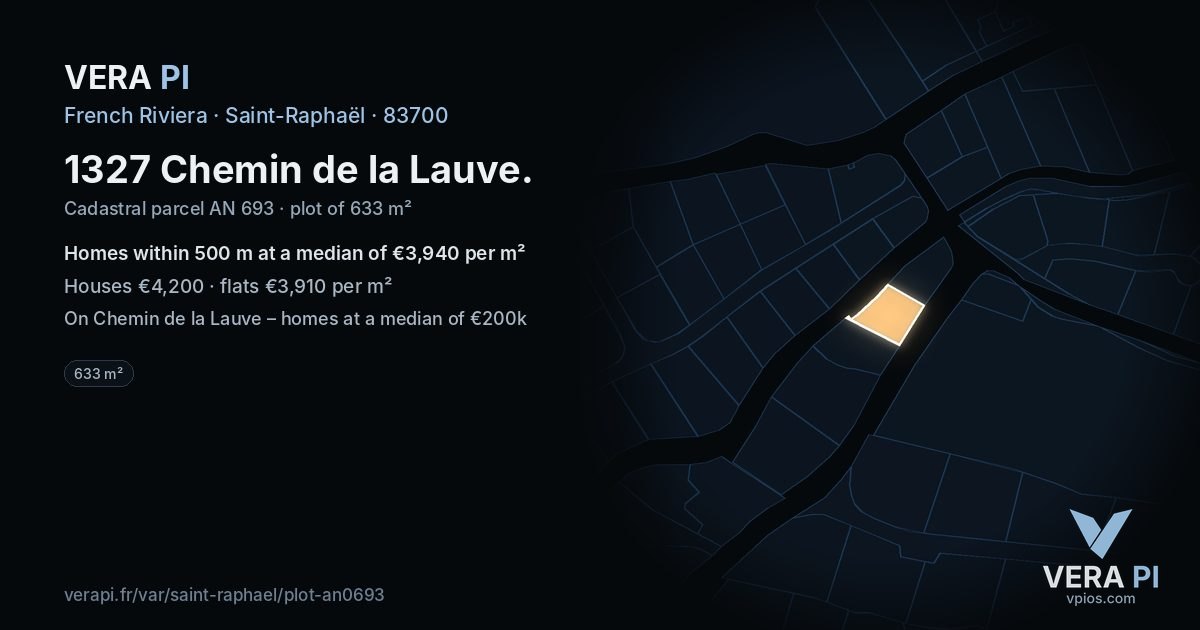 1327 Chemin de la Lauve, Saint-Raphaël at night – the plot lit, the parcels around coloured by the prices near them