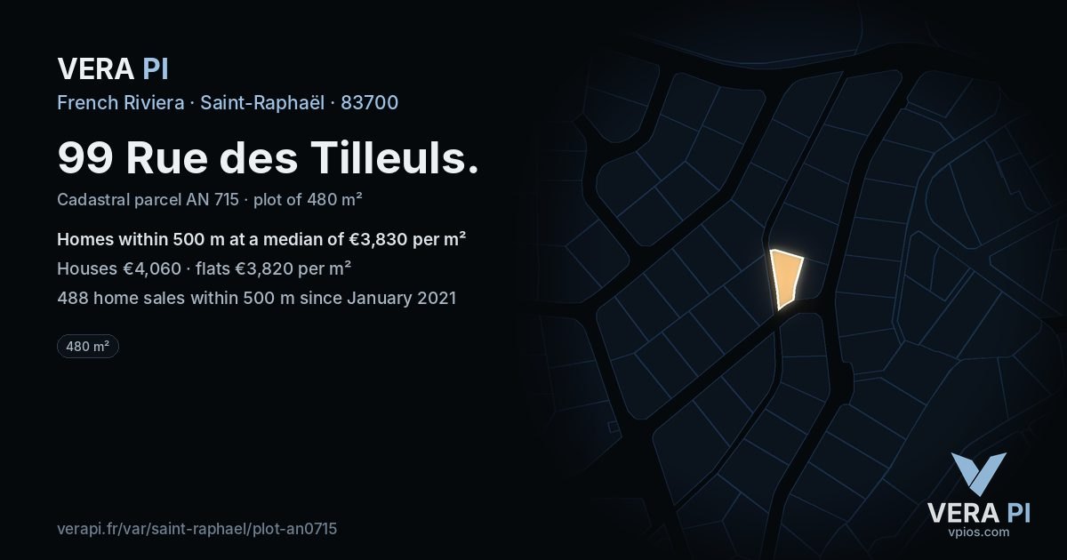 99 Rue des Tilleuls, Saint-Raphaël at night – the plot lit, the parcels around coloured by the prices near them