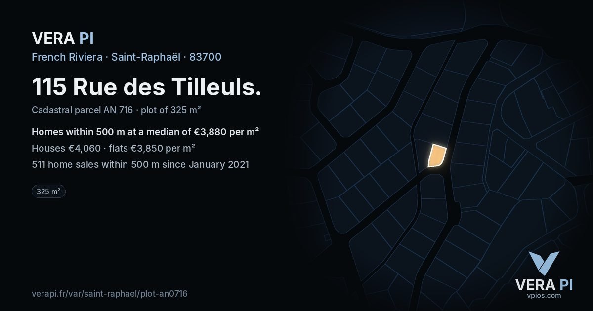 115 Rue des Tilleuls, Saint-Raphaël at night – the plot lit, the parcels around coloured by the prices near them