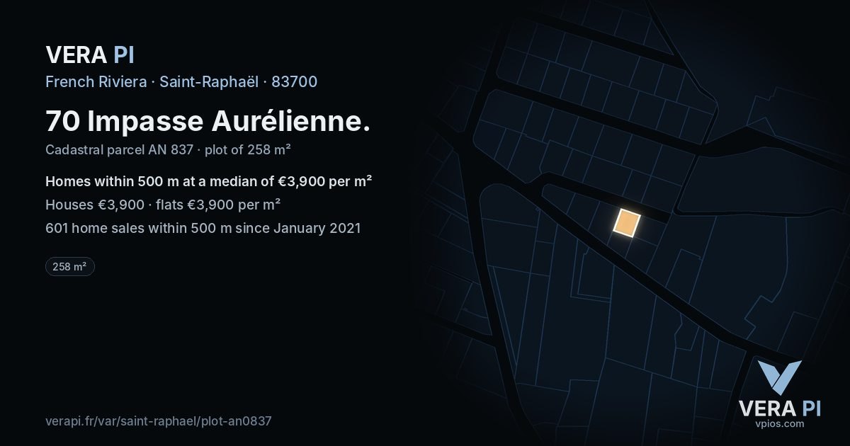 70 Impasse Aurélienne, Saint-Raphaël at night – the plot lit, the parcels around coloured by the prices near them