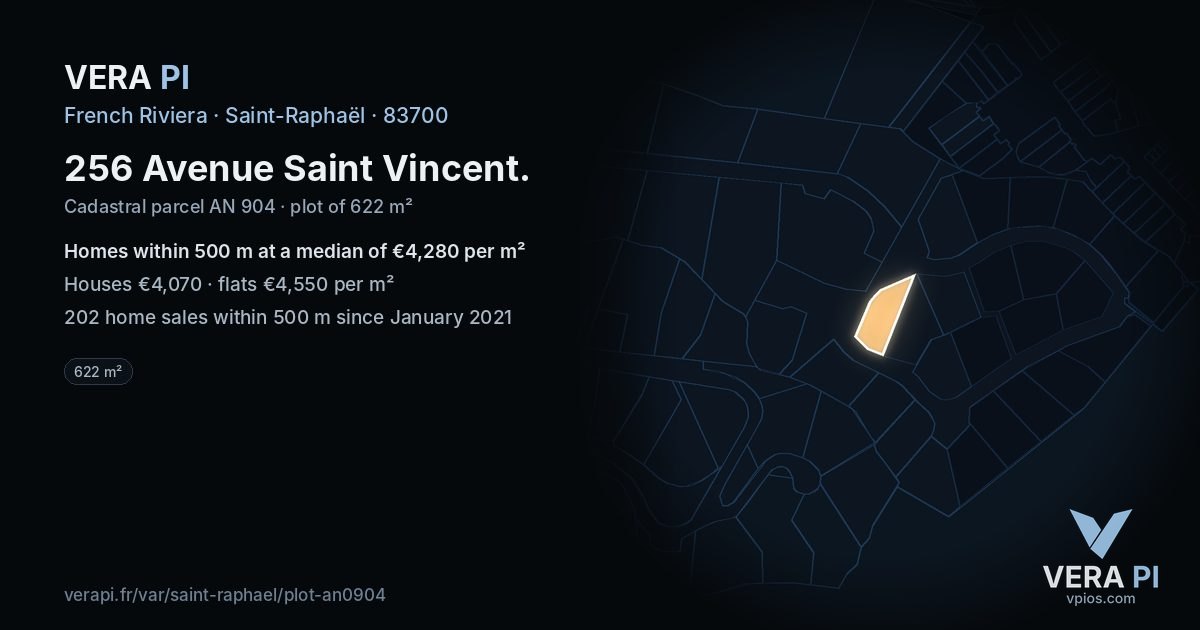 256 Avenue Saint Vincent, Saint-Raphaël at night – the plot lit, the parcels around coloured by the prices near them