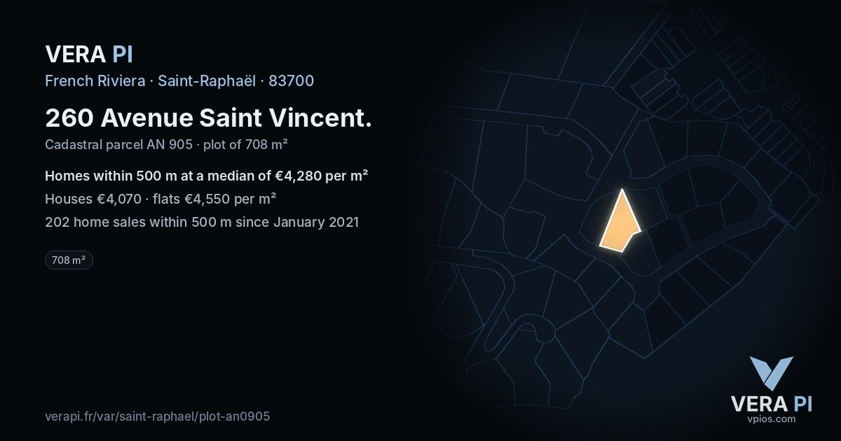 260 Avenue Saint Vincent, Saint-Raphaël at night – the plot lit, the parcels around coloured by the prices near them