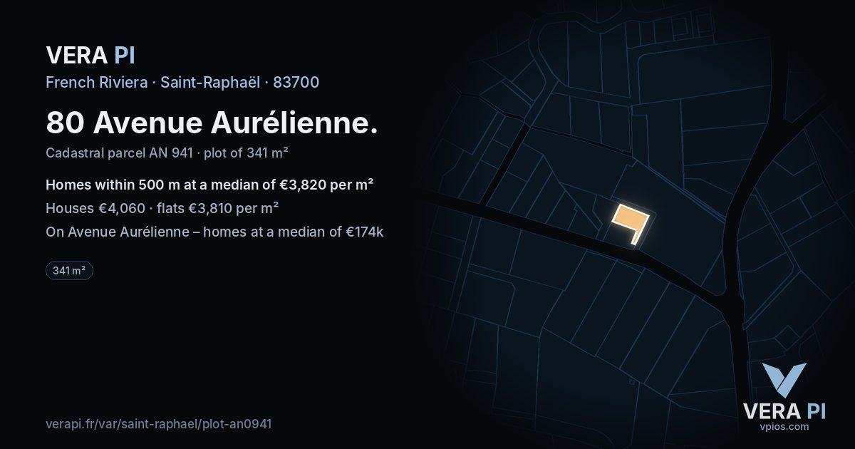80 Avenue Aurélienne, Saint-Raphaël at night – the plot lit, the parcels around coloured by the prices near them
