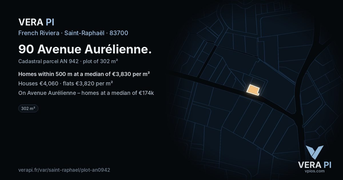 90 Avenue Aurélienne, Saint-Raphaël at night – the plot lit, the parcels around coloured by the prices near them