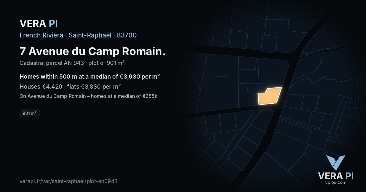 7 Avenue du Camp Romain, Saint-Raphaël at night – the plot lit, the parcels around coloured by the prices near them