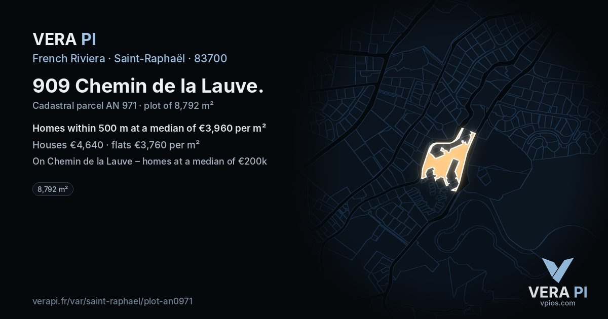 909 Chemin de la Lauve, Saint-Raphaël at night – the plot lit, the parcels around coloured by the prices near them