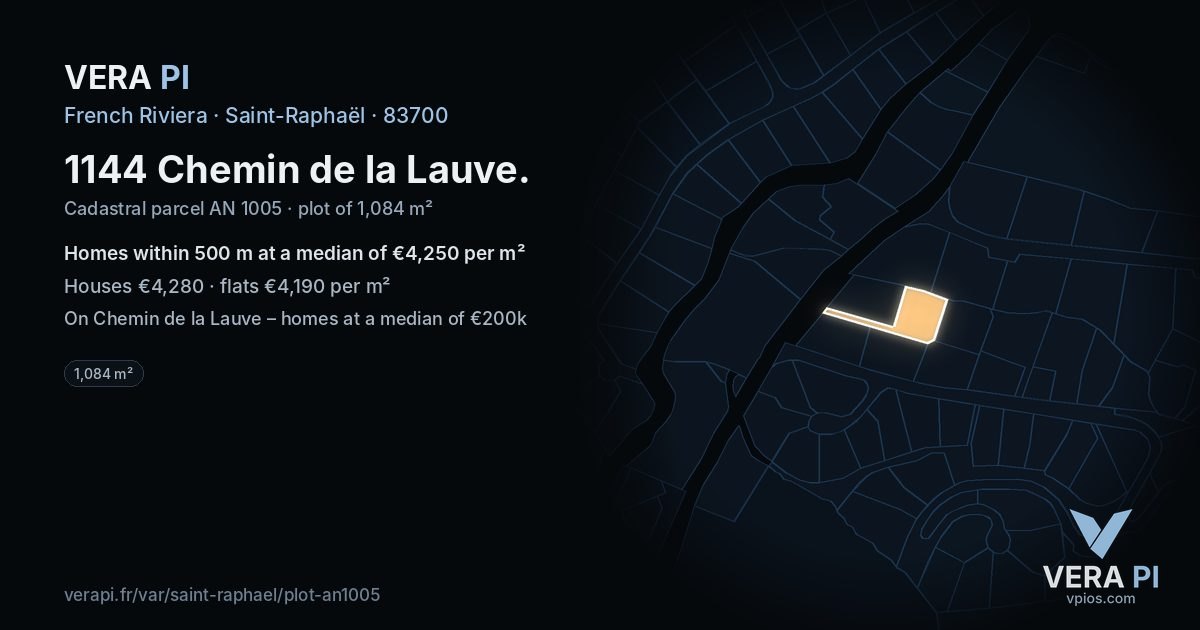 1144 Chemin de la Lauve, Saint-Raphaël at night – the plot lit, the parcels around coloured by the prices near them
