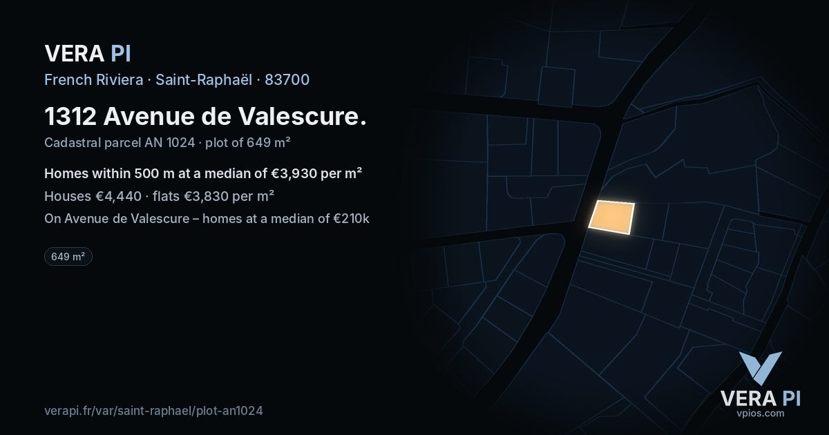 1312 Avenue de Valescure, Saint-Raphaël at night – the plot lit, the parcels around coloured by the prices near them