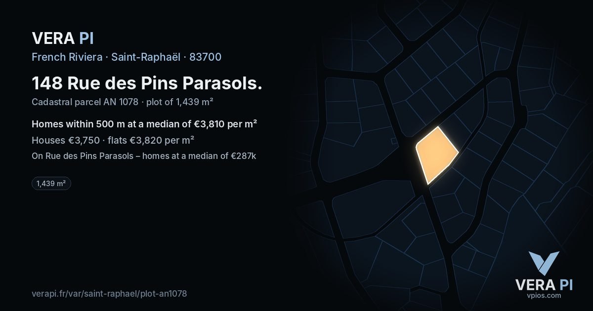 148 Rue des Pins Parasols, Saint-Raphaël at night – the plot lit, the parcels around coloured by the prices near them