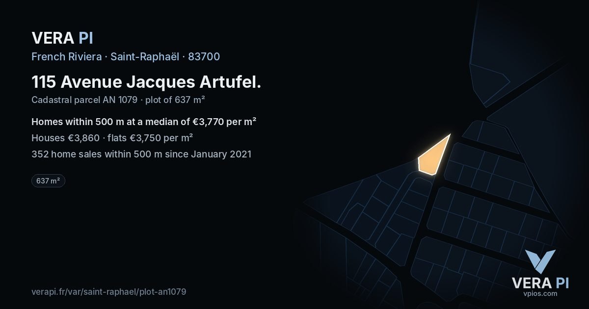 115 Avenue Jacques Artufel, Saint-Raphaël at night – the plot lit, the parcels around coloured by the prices near them