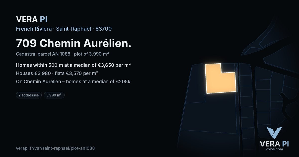 709 Chemin Aurélien, Saint-Raphaël at night – the plot lit, the parcels around coloured by the prices near them