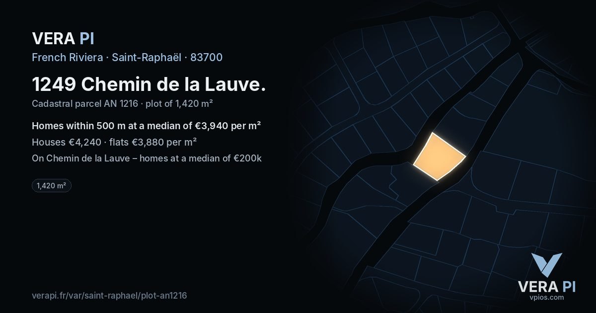 1249 Chemin de la Lauve, Saint-Raphaël at night – the plot lit, the parcels around coloured by the prices near them