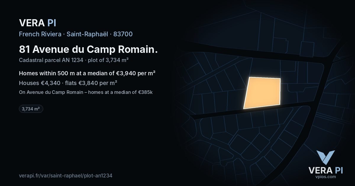 81 Avenue du Camp Romain, Saint-Raphaël at night – the plot lit, the parcels around coloured by the prices near them