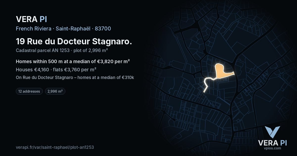 19 Rue du Docteur Stagnaro, Saint-Raphaël at night – the plot lit, the parcels around coloured by the prices near them