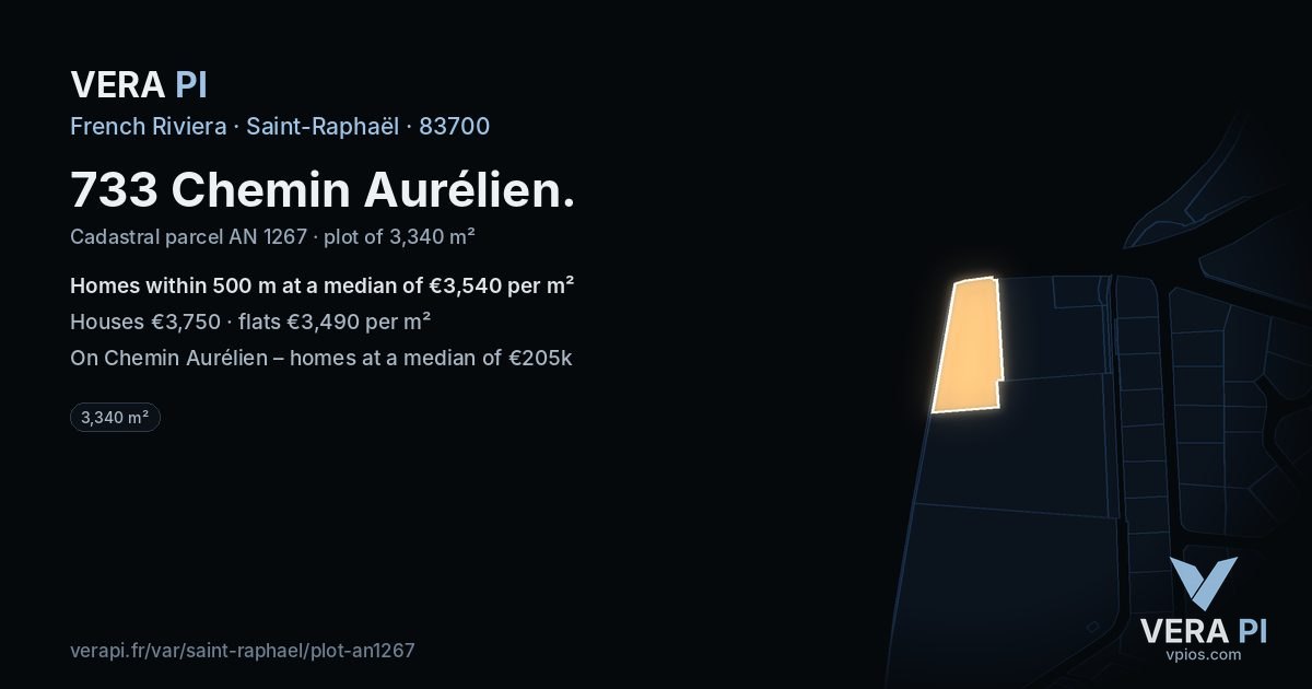 733 Chemin Aurélien, Saint-Raphaël at night – the plot lit, the parcels around coloured by the prices near them