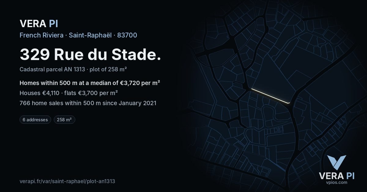 329 Rue du Stade, Saint-Raphaël at night – the plot lit, the parcels around coloured by the prices near them